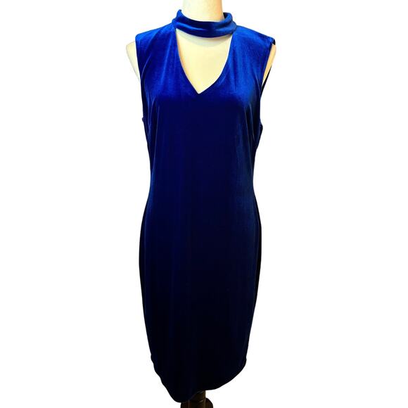 New Calvin Klein Blue Velvet Choker High Neck Sheath Dress - Picture 1 of 9